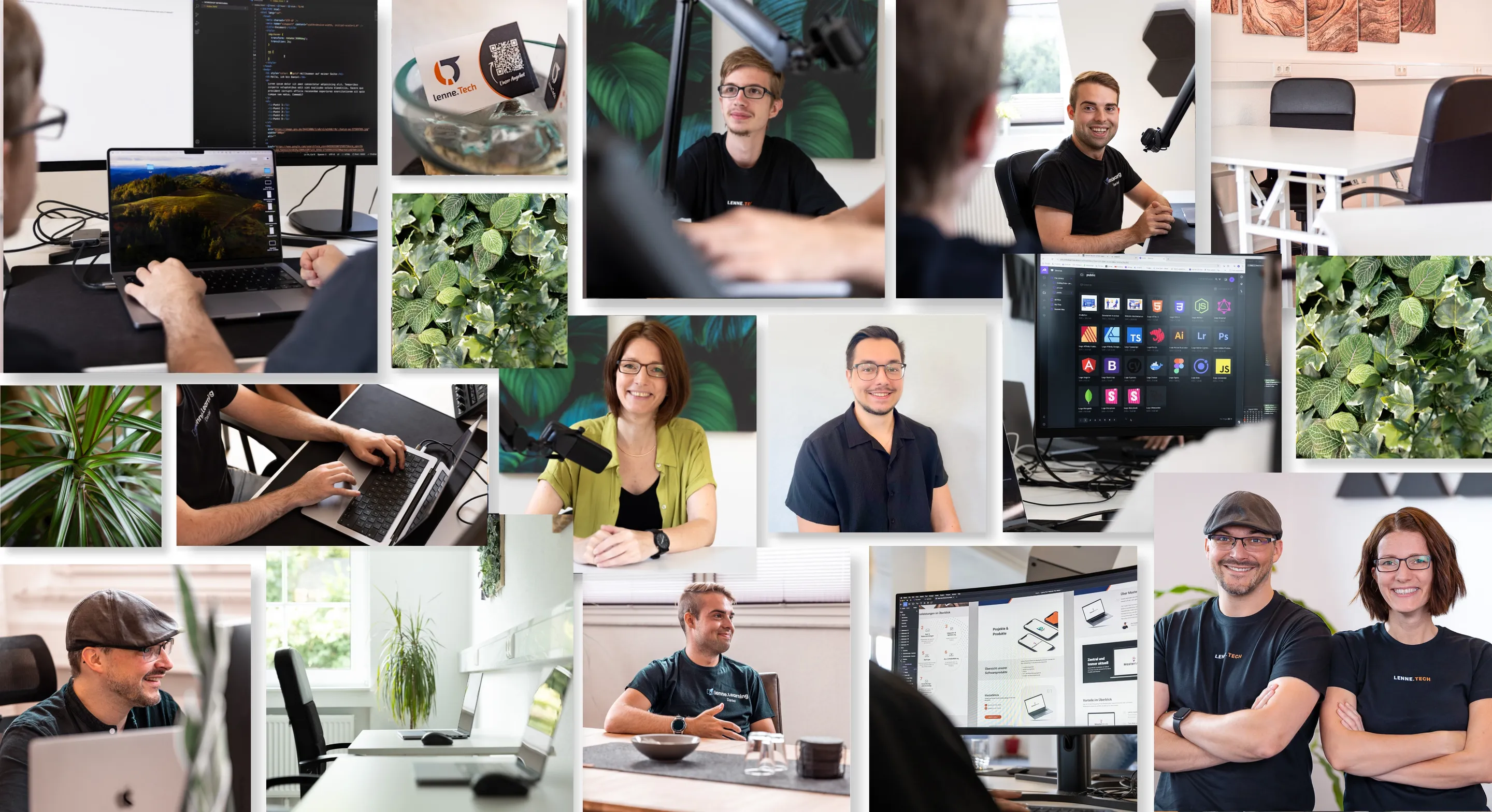 Bildcollage aus dem Arbeitsalltag bei lenne.Tech: im Büro, am Rechner und im Gespräch