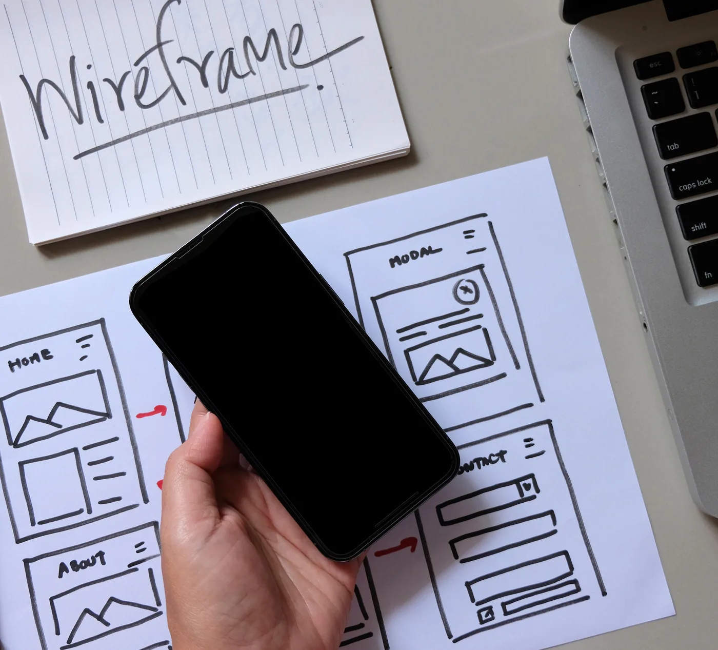 Handgezeichnete App-Wireframes und ein Notizblock auf einem Schreibtisch, daneben ein Smartphone